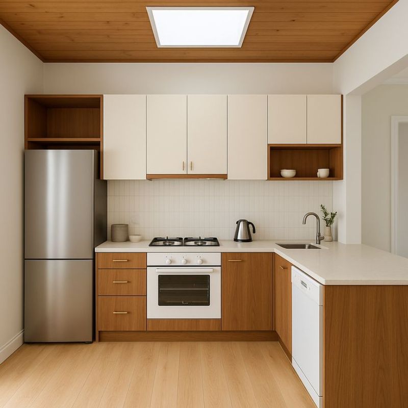 Tủ bếp dưới có ngăn kéo màu gỗ kết hợp cùng màu trắng độc đáo