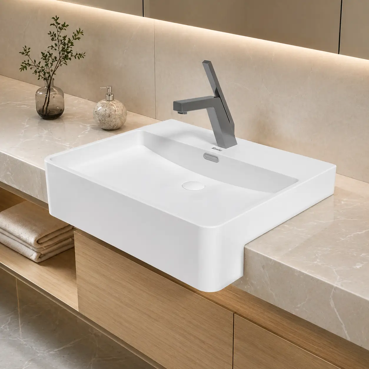 Lavabo bán âm được thiết kế đơn giản, sang trọng