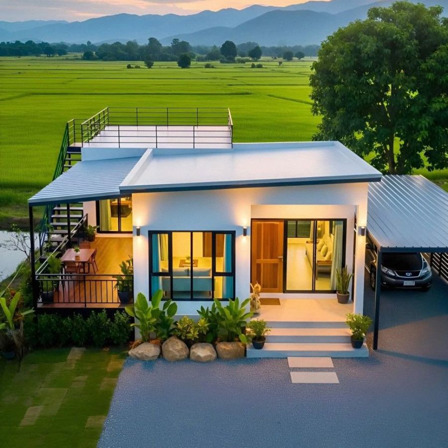 Mẫu nhà cấp 4 hiện đại​ mái bằng có hiên