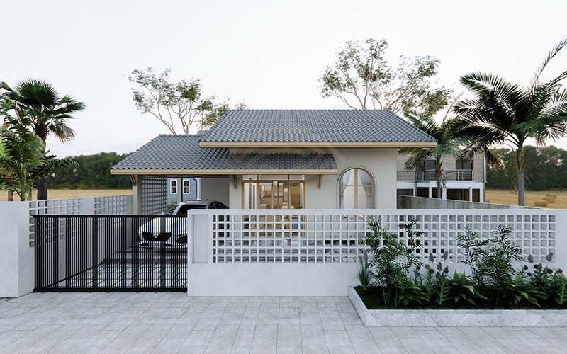 Mẫu nhà cấp 4 với cổng rào lớn 