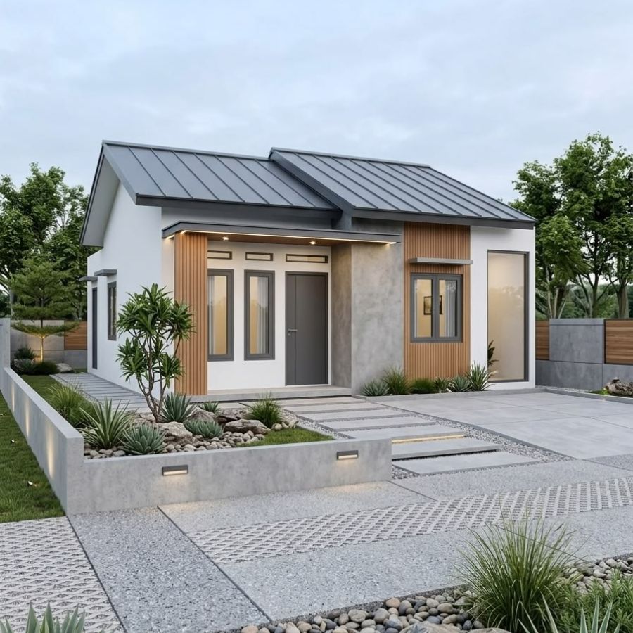 Nhà cấp 4 kết hợp với vật liệu gỗ tạo điểm nhấn