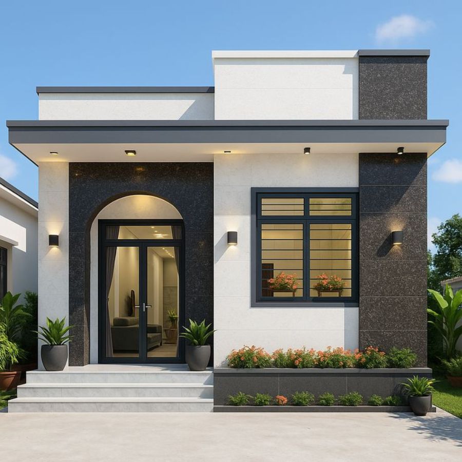 Nhà cấp 4 sử dụng tone màu trắng đen tối giản