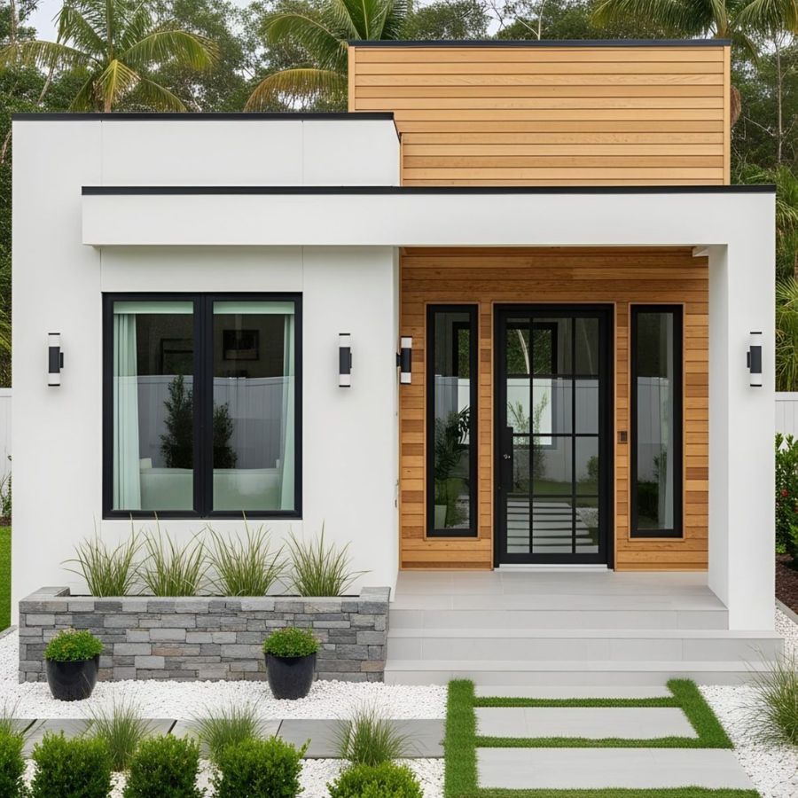 Nhà cấp 4 tone trắng kết hợp với ốp gỗ