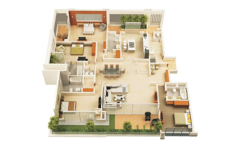 Thiết kế nhà 1 tầng 4 phòng