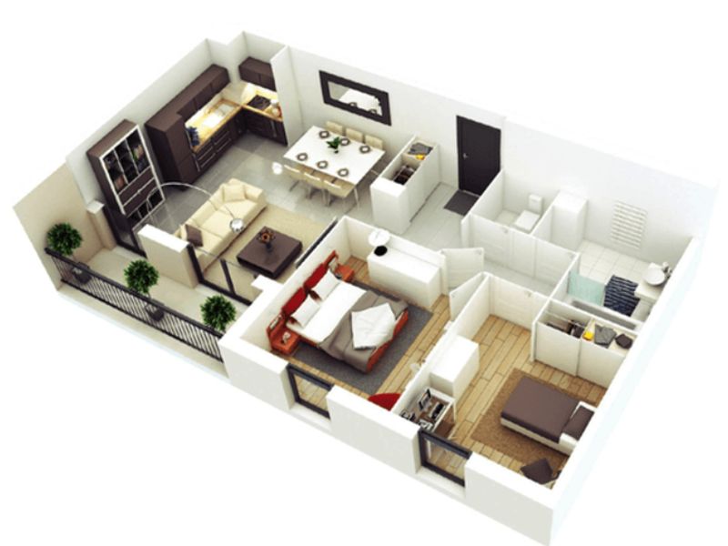 Thiết kế nhà 1 tầng 2 phòng