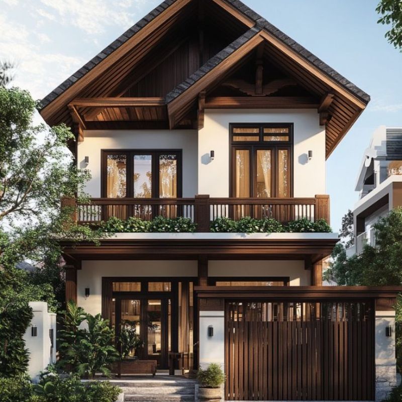 Nhà 2 tầng phối gỗ độc đáo