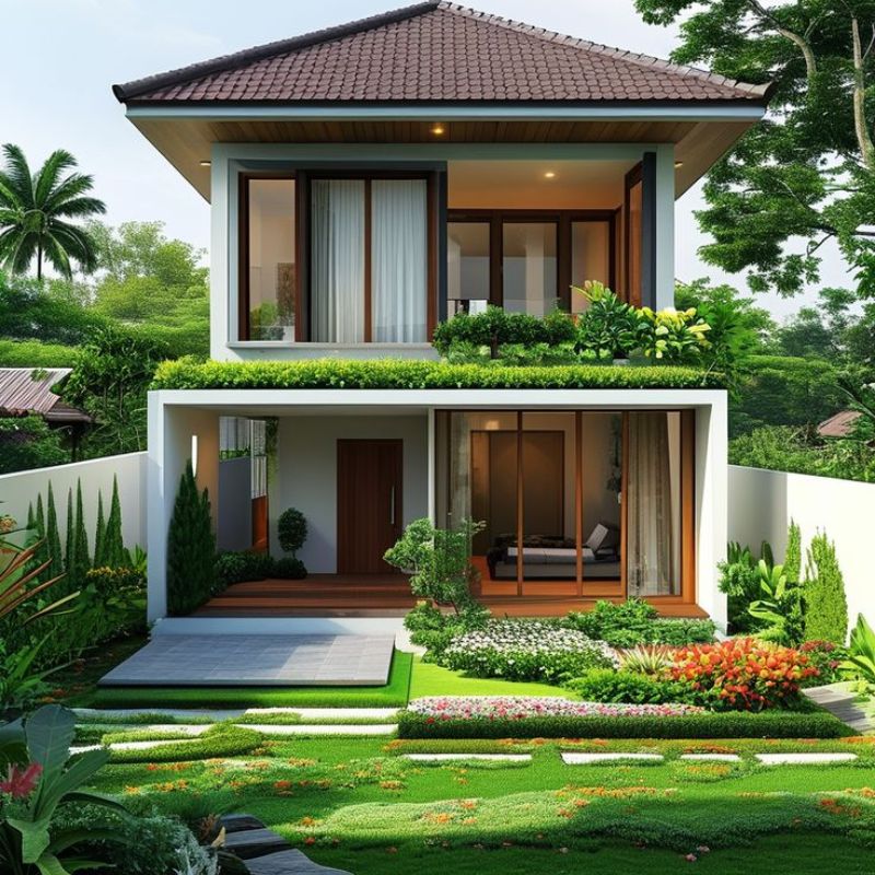 Nhà 2 tầng thiết kế ban công xanh 