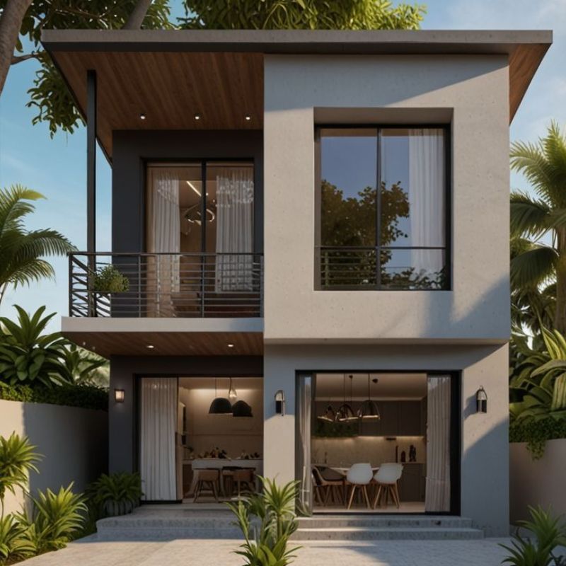 Nhà 2 tầng xám cửa kính lớn
