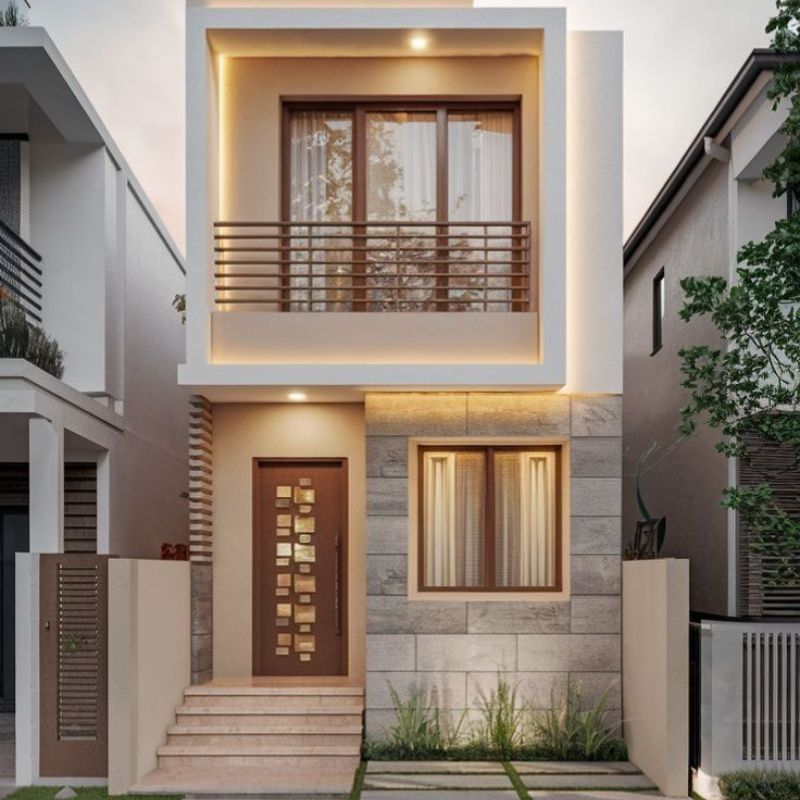 Nhà ốp đá xám, cửa gỗ họa tiết 