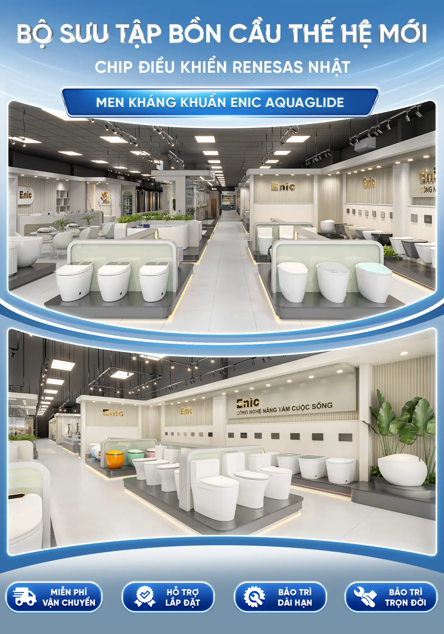 Bộ sưu tập bồn cầu thế hệ mới Enic - bo mạch tiên tiến, men sứ chống bám bẩn